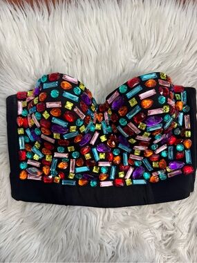Embellished Bustier Crop Top - Black with Multicolor Gems
